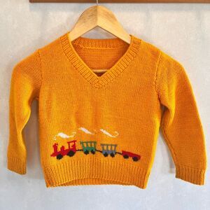 Vintage handmade Yellow Knit Sweater with Train Design